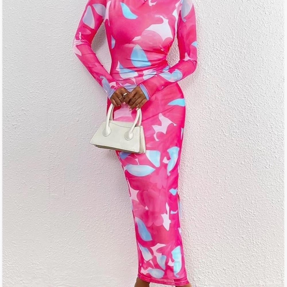 Pink & Blue Long Sleeve Bodycon Maxi Dress - Picture 5 of 9